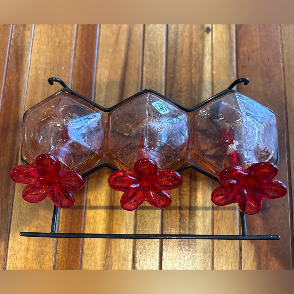 Vintage Parasol Triple Hummingbird Feeder Set Pink Glass Bottles w/ Metal Rack - Picture 2 of 9
